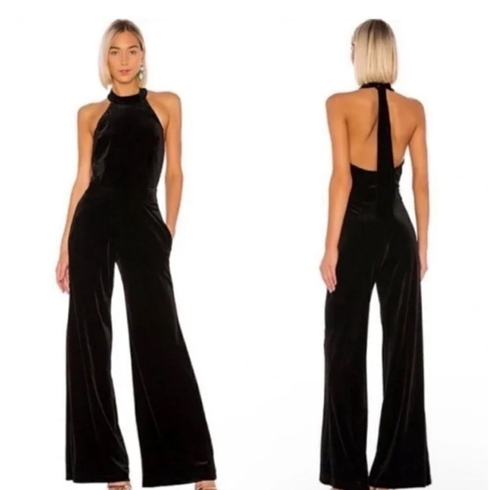 REVOLVE Misa Xandra Black Hammered Satin Wide Leg Halter Jumpsuit | Size L